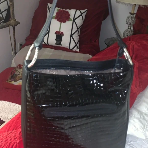 Brighton Cher black mock croc patent leather purse